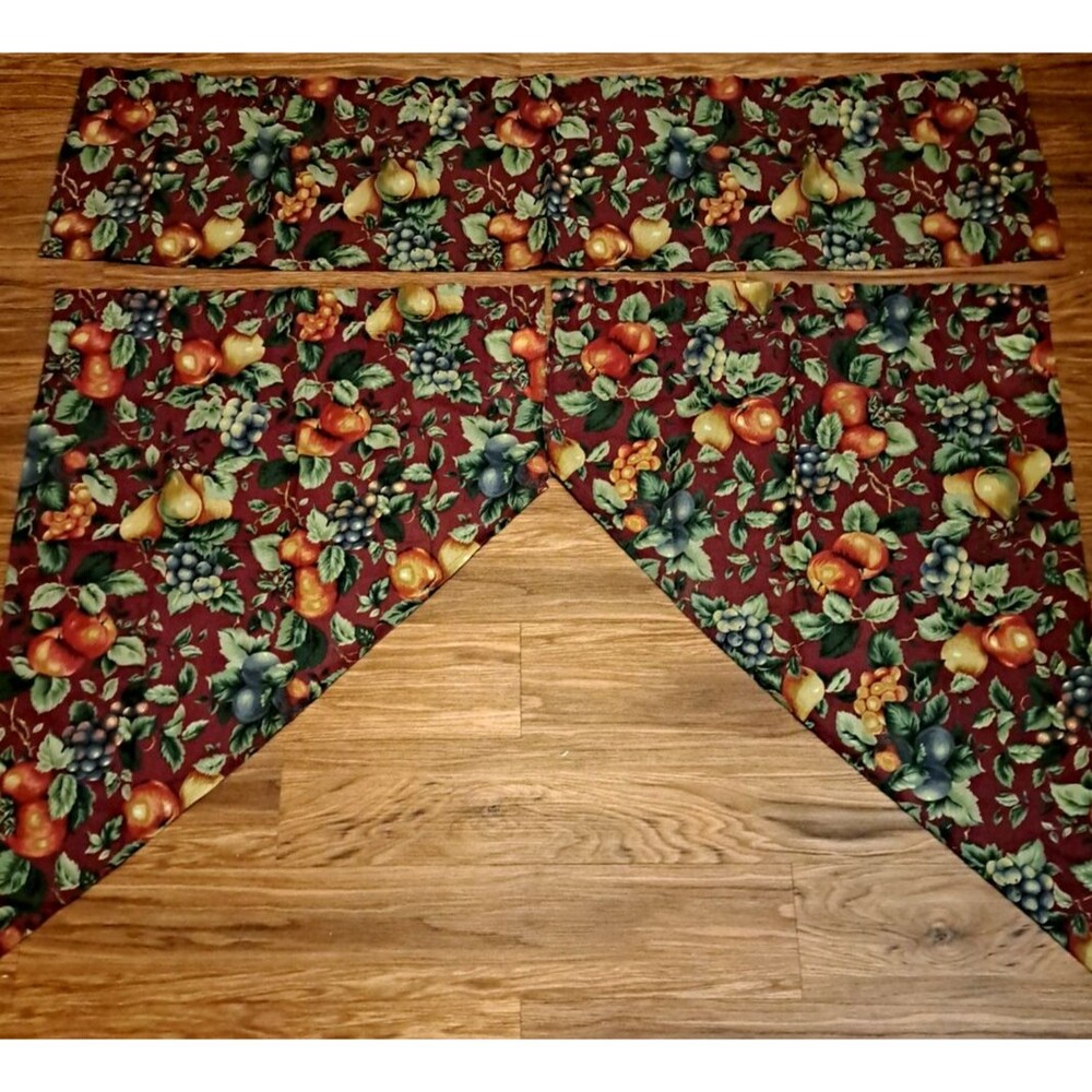 Vintage Red Fruit Harvest Curtain Valance Set Apple Pears Plums 58x13 Cottage
